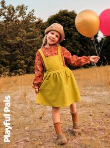 SHEIN 2 件年轻女孩可爱/复古/休闲小狗全身印花长袖衬衫和吊带裙 2 件套，适合室内和室外，春/秋/冬