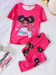 Tween Girl 紧身图案印花短袖上衣和长裤睡衣套装 - 玫紅色 - 查看 4