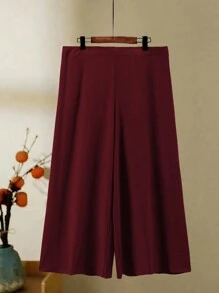 2pcs Plus Size Women Solid Color Crew Neck Tank Top And Wide Leg Pants Casual Texture Set - Burgundy - View 4