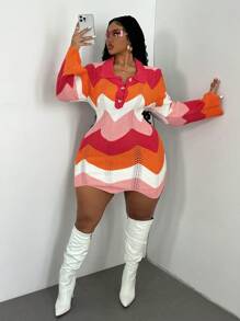 Maweii Plus Size Stylish Color Block Slim Fit Sweater Dress, Autumn/Winter - Multicolor - View 6