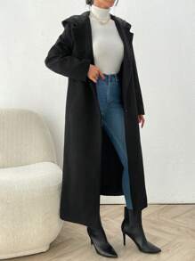 SHEIN Gruby, długi płaszcz z kapturem, kieszeniami i guzikami