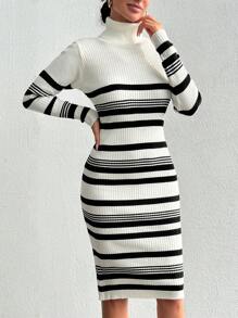 EURMUSE Striped Pattern Turtleneck Sweater Dress - Multicolor - View 3
