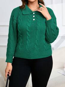 SHEIN LUNE 大码女式纯色长袖 Polo 领休闲宽松针织毛衣圣诞节针织套头衫秋冬 - 墨綠色 - 查看 7