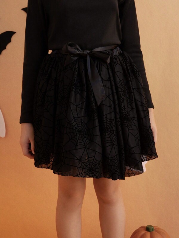 THE HAPPY LOOK Tween Girl Black Velvet Spider Web Pattern Mesh Cute & Fun Skirt For Halloween, Autumn/Winter