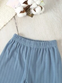 2 pezzi Outfit casual da casa per bambine composto da top a maniche lunghe blu semplice di moda e pantaloni a zampa larga - Blu - Visualizzare 3