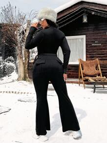 Flirla 2pcs Plus Size Fashionable Casual Drawstring Waist Slim Fit Zip-Up Jacket And Flared Pants Set - Black - View 4