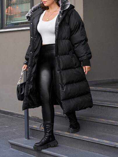 RueChic Plus size dam svart vinterkappa pälskrage med ribbstickade ärmslut