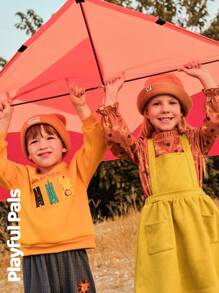 SHEIN 2 件年轻女孩可爱/复古/休闲小狗全身印花长袖衬衫和吊带裙 2 件套，适合室内和室外，春/秋/冬