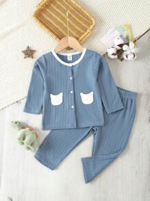 2 pezzi Outfit casual da casa per bambine composto da top a maniche lunghe blu semplice di moda e pantaloni a zampa larga - Blu - Visualizzare 1