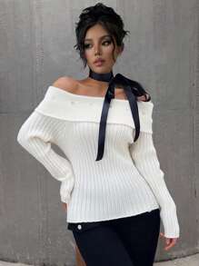 SHEIN Unity Bowknot Off Shoulder Pullover Sweater, Knit Pullover Fall Winter - Beige - View 3