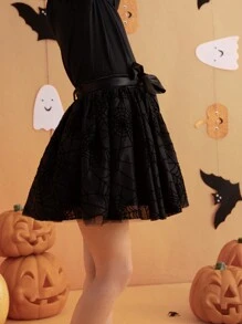 SHEIN Young Girls Spider Web Print Velvet And Mesh Skirt, Cute And For Halloween, Autumn/Winter - Black - View 4