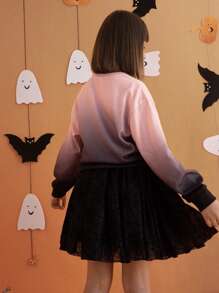 SHEIN Tween Girls Glow In The Dark Ghost Print Ombre Knit Crew Neck Long Sleeve Sweatshirt For Halloween, Autumn/Winter - Pink - View 5