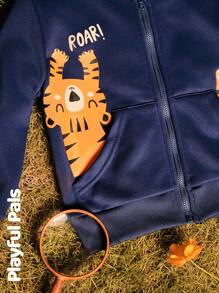 SHEIN 1 Peça Jaqueta com Capuz de Manga Longa, Estampa de Tigre Fofa/Retrô/Casual para Meninos, Adequada para Uso Interno e Externo, Primavera/Outono/Inverno