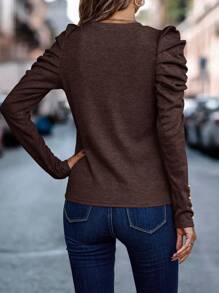 SHEIN Clasi Women's Solid Color Minimalist Daily Mutton Leg Sleeve T-Shirt Fall Cloth For Women