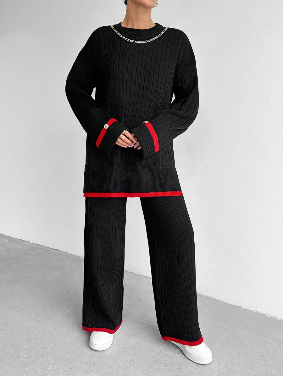 RueChic Ensemble Deux Pièces Pull À Épaules Tombantes Et Pantalon Pull Pour Femme