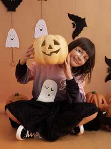 SHEIN Tween Girls Glow In The Dark Ghost Print Ombre Knit Crew Neck Long Sleeve Sweatshirt For Halloween, Autumn/Winter - Pink - View 4