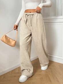 Muchica Women's Solid Color Waist Tie Loose Corduroy Wide Leg Pants - Apricot - View 5