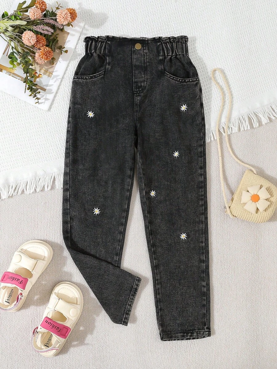 SHEIN Vintaside Kids Tween Girl Autumn Fashionable Embroidered Casual Denim Jeans Summer Holiday - Black - View 1