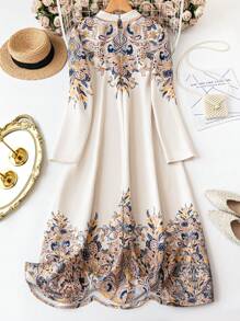 SHEIN LUNE Plus Size Women Vintage Style Printed Crew Neck Long Sleeve Dress Fall Cloth For Women