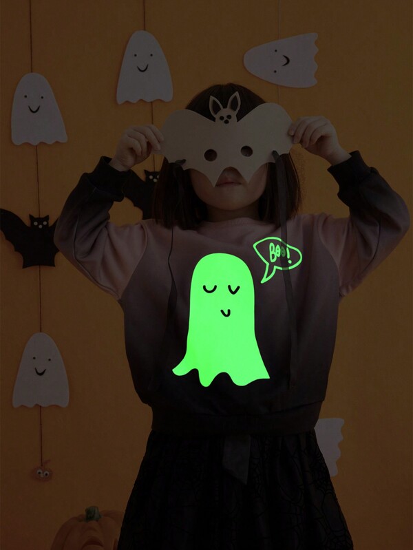 THE HAPPY LOOK Young Girls Glow In The Dark Ghost Print Ombre Knitted Crew Neck Long Sleeve Sweatshirt For Halloween