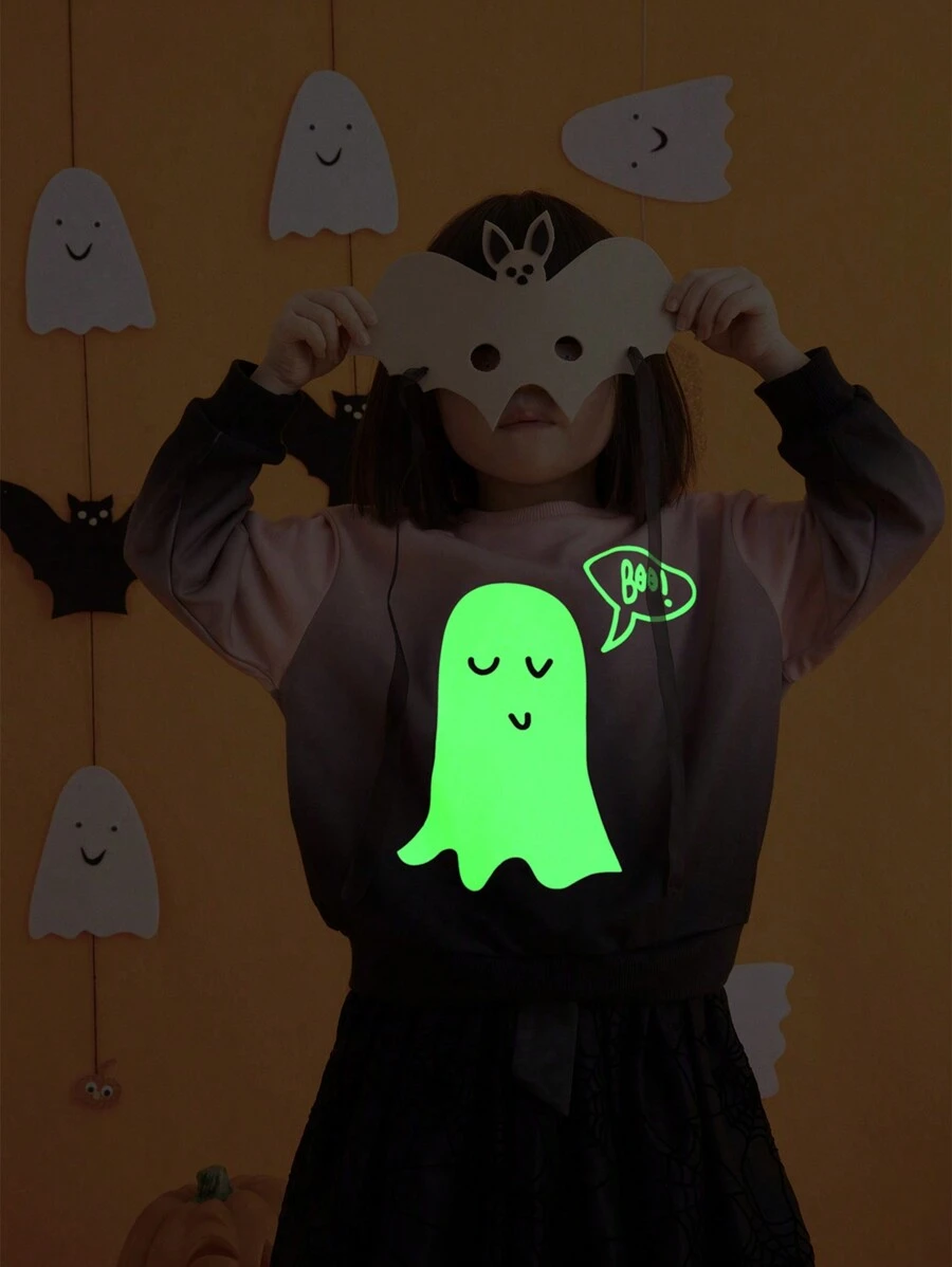 SHEIN 小女孩的夜光幽灵印花渐变粉色针织圆领长袖运动衫，万圣节