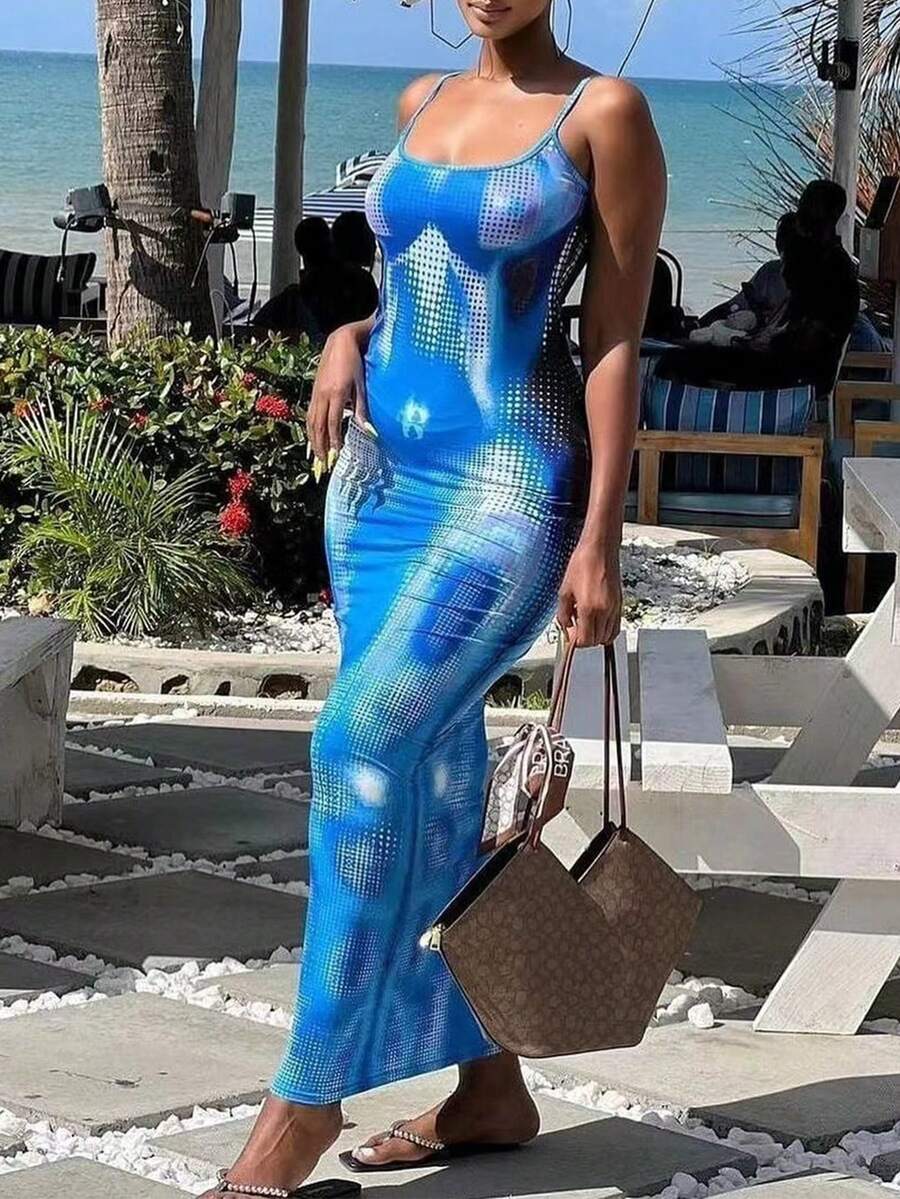 Vestido Strapless Con Imagen Estampada, Ajustado Y Delgado, Ideal Para Vacaciones De Verano - Azul - Ver 1