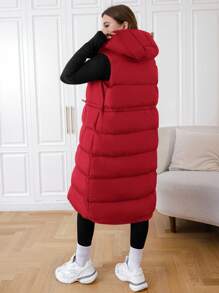SHEIN EZwear Áo khoác vest mùa đông màu đen dài có mũ cỡ lớn - Đỏ - Xem 2