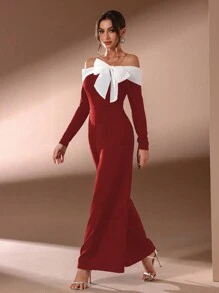 SHEIN Belle Burgundy Red Women's Colorblock Bow Detail Christmas Party Jumpsuit, Elegant - Burgundy - View 5
