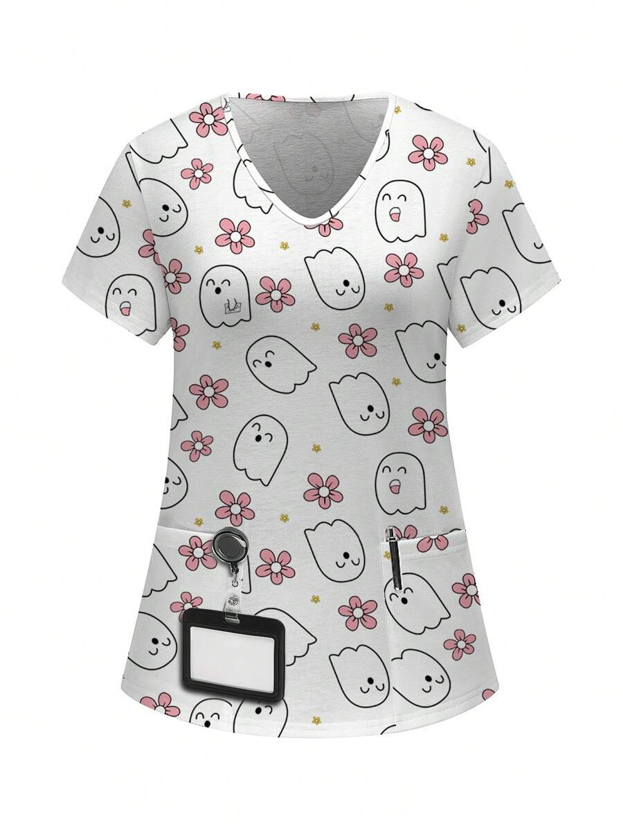 PopScrub Cute Cartoon Ghost Uniform Scrub Top - White - View 1