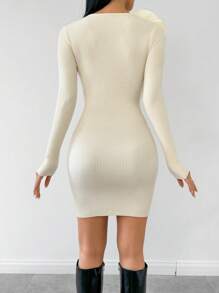 Chiquease 3D Flower Decor Form-Fitting Knitted Sweater Dress For Women - Apricot - View 2