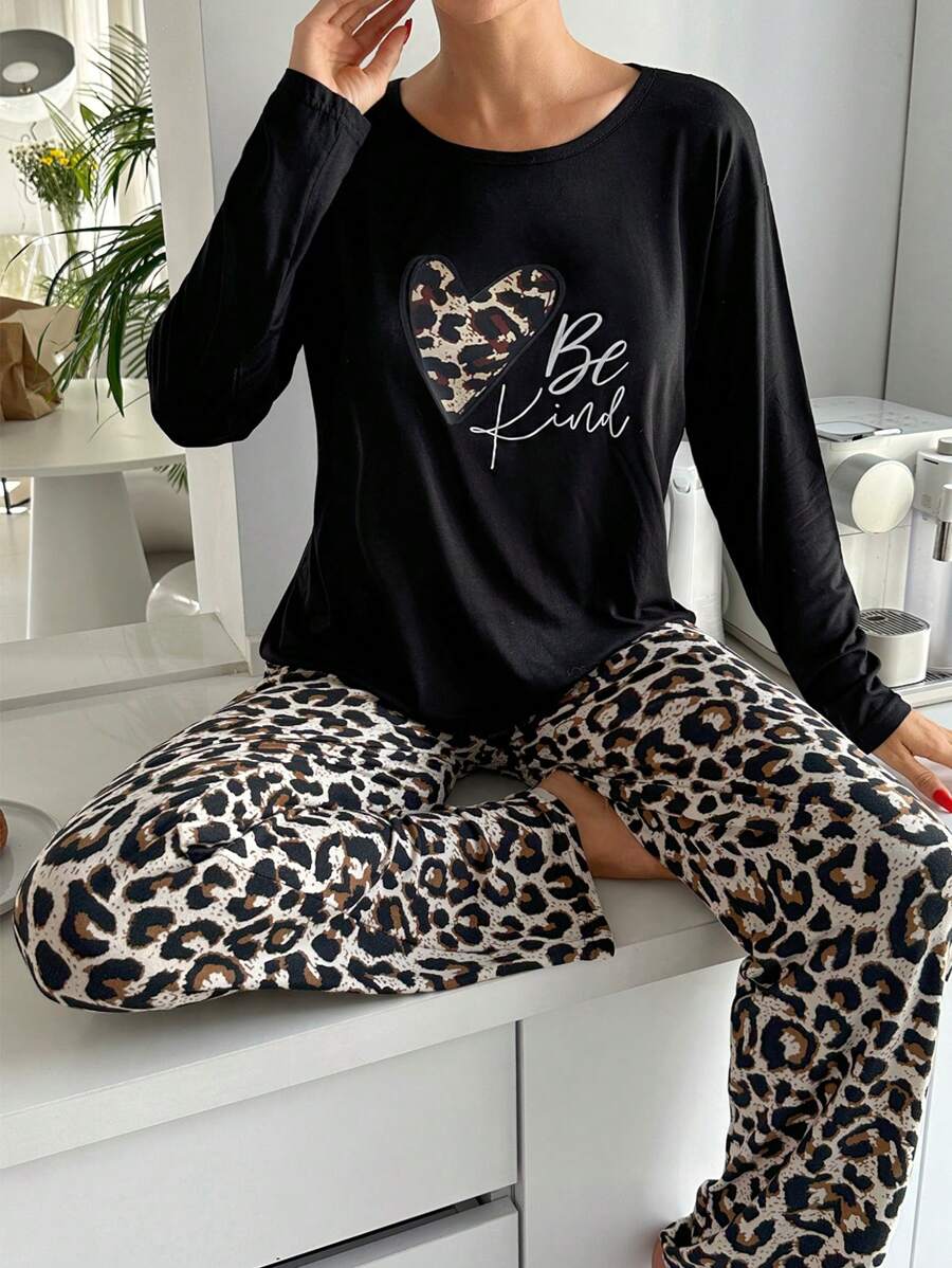RueChic 2Pcs Suede Leopard Printed Lounge Set - Black - View 1