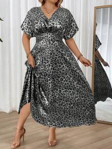 SHEIN Unity Plus Size V-Neck Leopard Print Short Sleeve Dress - Multicolor - View 6