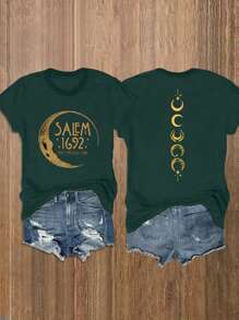 INAWLY Kích thước lớn Của phụ nữ Mùa hè Mặt trăng & Lá thư In Vòng cổ Ngắn tay Giải trí Áo thun - màu xanh lá - Xem 3