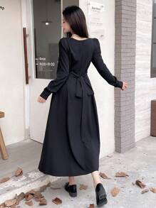 Rafferiza 女士休闲黑色后腰系带长裙，秋季长款女装 - 黑色 - 查看 2