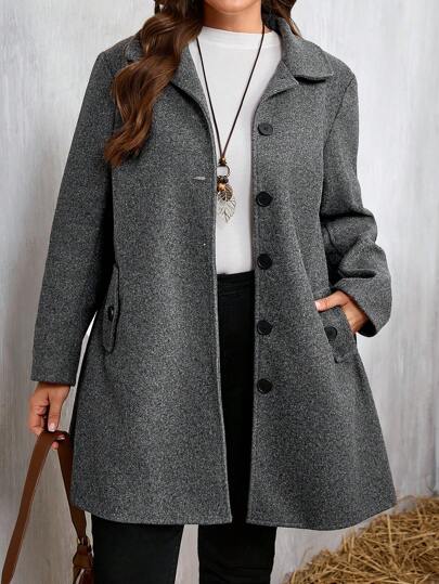 Plus Size Deep Grey Casual Button-Up Jacket, Autumn, For Winter Fall Cloth For Women