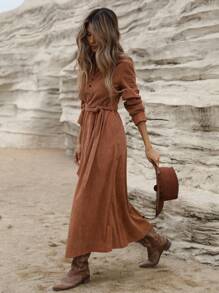 Aveloria Modichic High-End Velour V-Neck Buttoned Cinched Waist Waist Slimming Long Sleeve Dress For Women