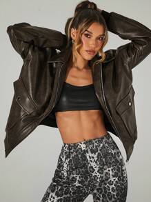 Hauture Distressed PU Leather Zip Up Collared Jacket - Black - View 1