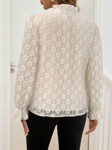 SHEIN Clasi Áo cánh ren dài tay cổ chữ V xếp nếp cho nữ, Thu/Đông - Màu be - Xem 2
