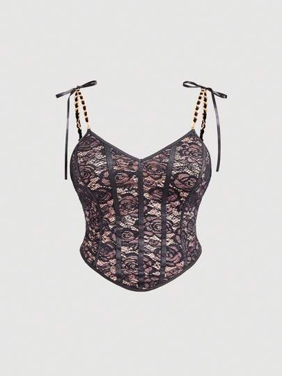 SHEIN MOD 大码女式金属链条肩带复古浪漫黑色蕾丝上衣