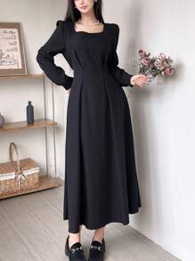 Rafferiza 女士休闲黑色后腰系带长裙，秋季长款女装 - 黑色 - 查看 6