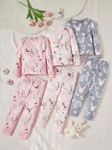 3pcs/Set Young Girl Cute Rabbit & Ditsy Floral Long Sleeve Snug Fit Long Pants Pajamas Set - Multicolor - View 2