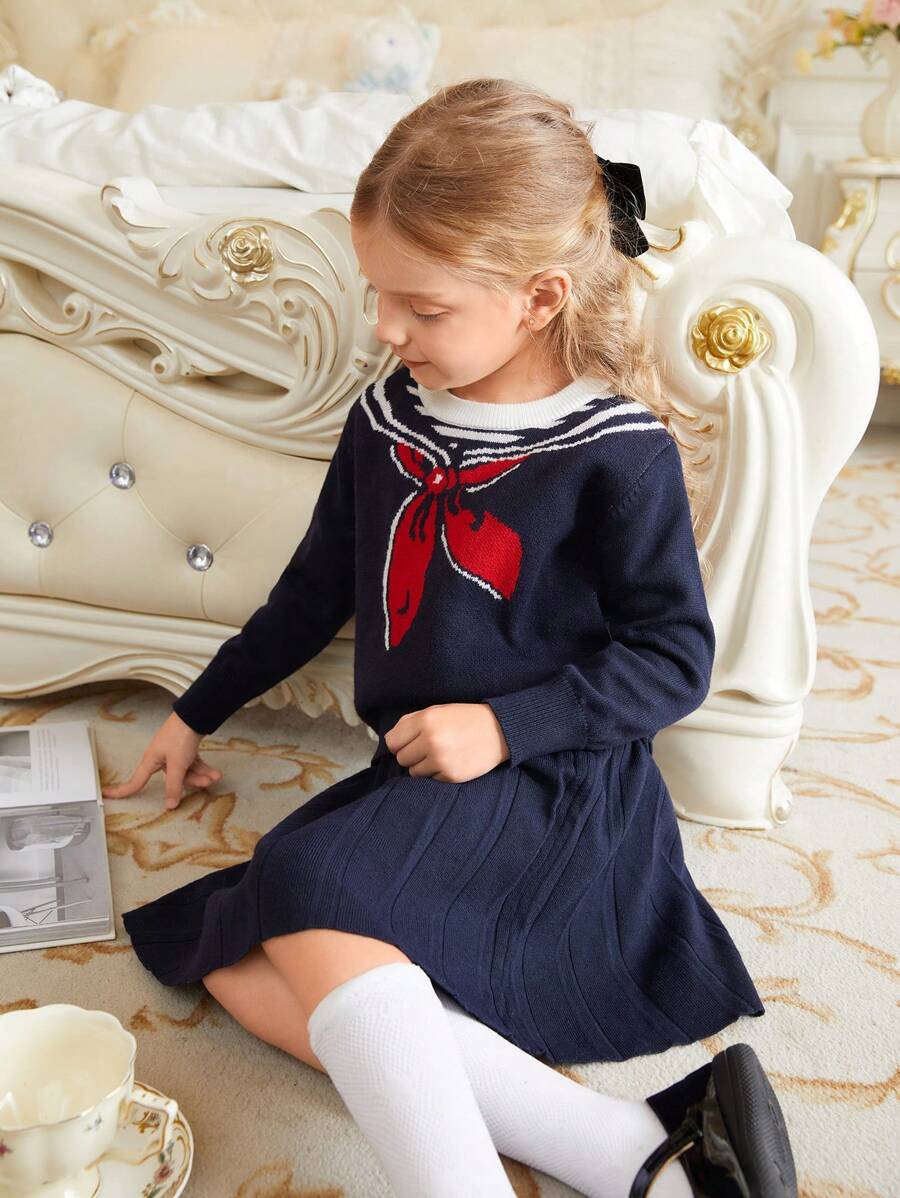 SHEIN 2 件套年轻女孩针织毛衣套装，海军蓝学院风针织毛衣和裙子套装，秋冬，海军蓝 - 藏蓝色 - 查看 1