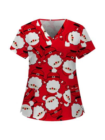 PopScrub Christmas Plus Size Cartoon Santa Claus Beard Print Scrub Uniform Top