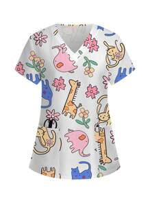 PopScrub 可爱卡通动物和花卉印花护士制服手术上衣 - 白色 - 查看 3