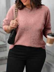 Calvaya Plus Size Casual Mixed Fabric Round Neck Sweater, Fall/Winter Knit Pullover - Pink - View 5