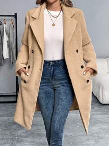 Chiquease Damen Einfarbiger Flauschiger Mantel mit Doppelreihe und langen Ärmeln, Herbst/Winter