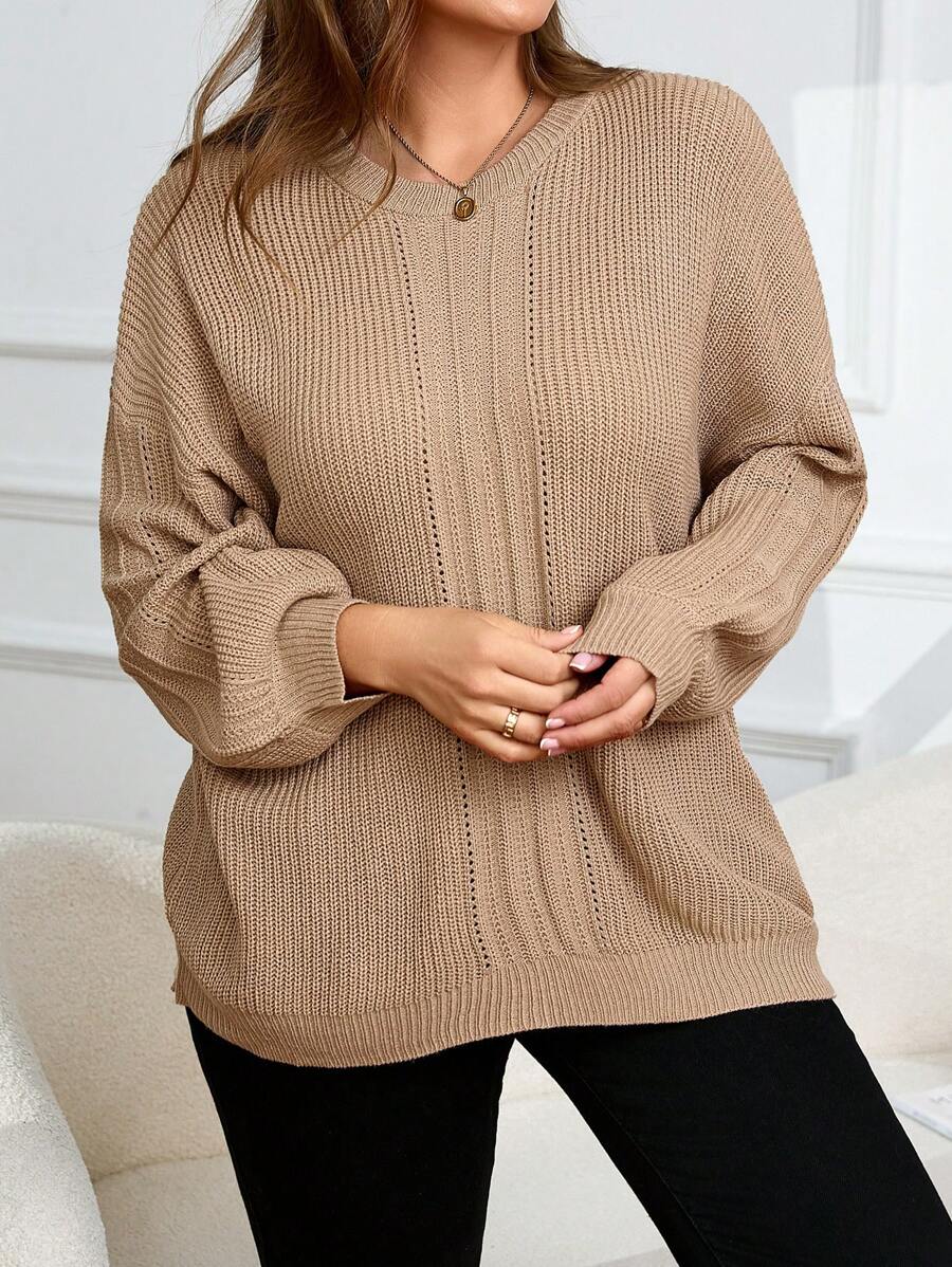 Plus Size Casual Solid Color Drop Shoulder Sweater, Autumn/Winter Knit Pullover Fall - Khaki - View 1