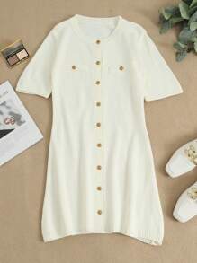 INAWLY Women's Solid Color Front Button Short Sleeve Faux Pocket Minimalist Casual Mini Dress