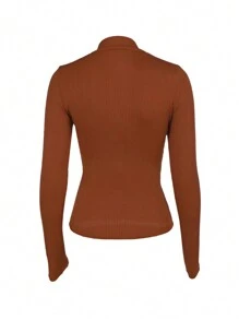 INAWLY Women's Solid Color Long Sleeve V-Neck Fitted Knit T-Shirt, Autumn - Brown - View 2