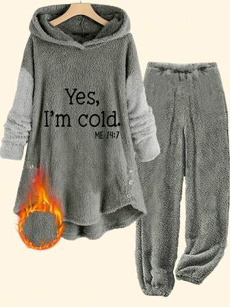 Damtröja med slogantryck, nedsänkta axelband, långärmad, fluffig huvtröja och byxor, lös kostym, höst/vinter
